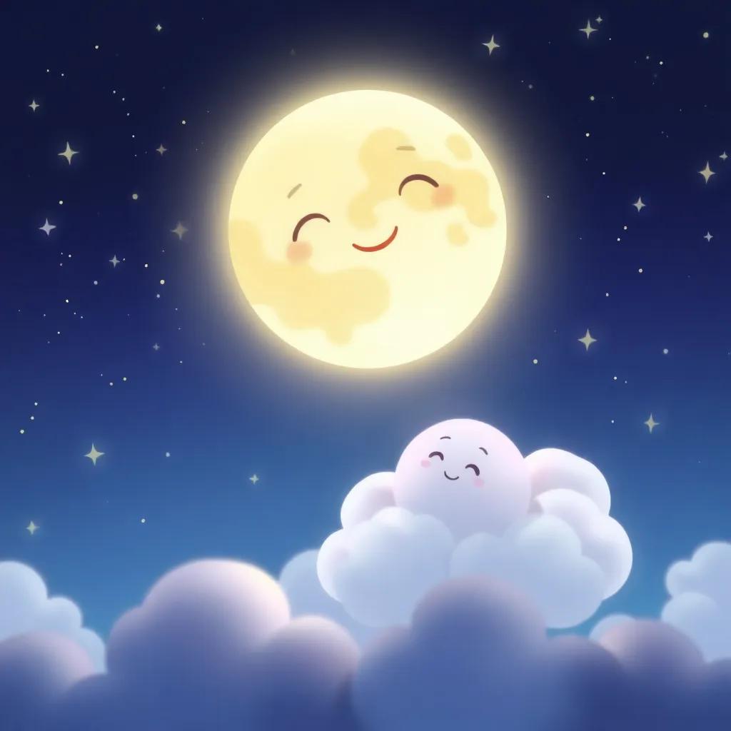 A gentle Moon greeting Nube, the dreamy cloud, shining softly in a night sky filled with stars, illustrating a playful atmosphere, digital art, pastel colors, magical feel, high quality