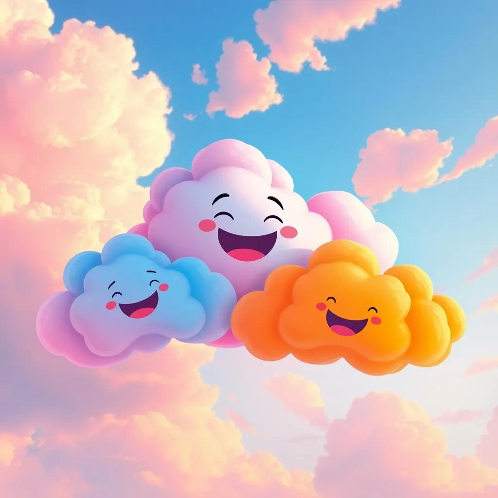 A colorful group of clouds welcoming Nube, vibrant hues of pink, blue, and orange, floating in a beautiful sky, joyful expression, illustration, lively atmosphere, high quality