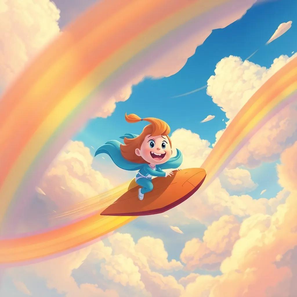 Nube zooming through rainbows and amidst playful thunderstorms, cheerful scenes in the sky, digital painting, bright and bold colors, adventurous mood, high quality