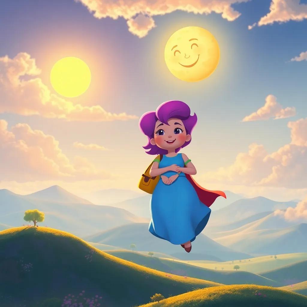 Nube returning home with friends, Sun and Moon smiling in the sky, whimsical view of the landscape below, embracing friendship and joy, colorful digital art, high quality