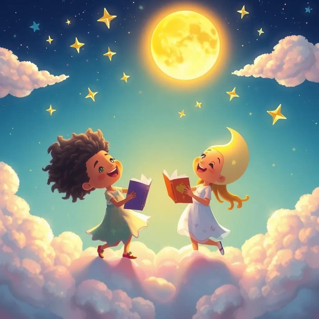 Nube happily sharing stories with Sun and Moon, dancing in the sky, surrounded by clouds and twinkling stars, celebrating adventures, illustration, lively colors, joyful atmosphere, high quality