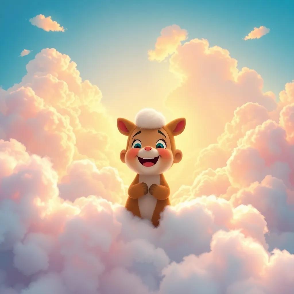 Nube among colorful clouds, feeling at home, everyone sharing laughter and happiness in a bright sky, cheerful digital art, vibrant and warm ambiance, high quality