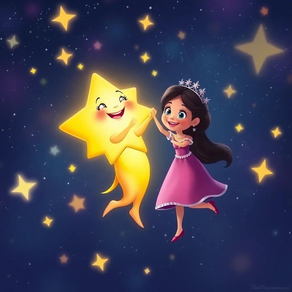Brillina, a bright star with a warm smile, dancing happily with Estrellita in the starry sky, colorful stars around them, digital painting, lively and magical ambiance, high quality