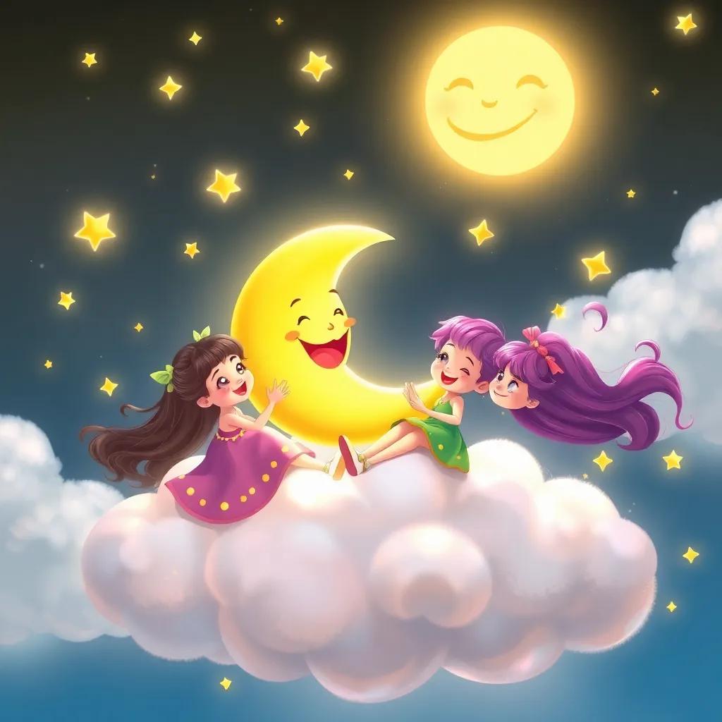 Estrellita, Brillina, and the smiling moon playing together on a fluffy cloud, surrounded by twinkling stars, warm light, joyful scene, child-friendly, high quality