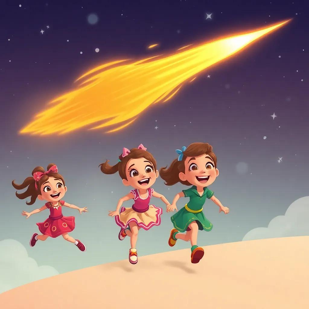 A fast comet zipping through the sky with Estrellita and her friends chasing after it, excitement on their faces, bright colors, cheerful atmosphere, digital art, high quality