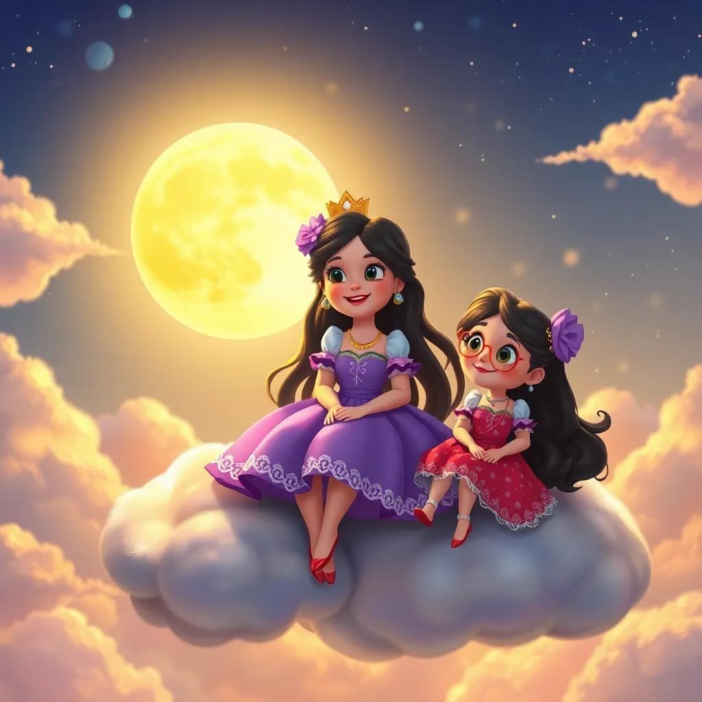Estrellita, Brillina and the moon sitting on a cloud, sharing their dreams and hopes, smiling and looking joyful, vibrant colors, warm light, storytelling scene, high quality