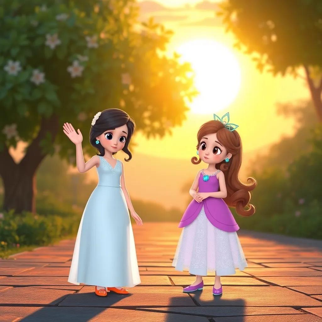 Brillina waving goodbye to Estrellita as the sun begins to rise, Estrellita looking a bit sad but hopeful, gentle pastel colors, warm morning light, reflective atmosphere, high quality