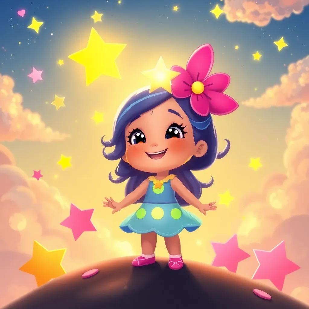 Estrellita shining brighter than ever in the morning sky, surrounded by colorful stars representing her friends, radiant and joyful, digital painting, uplifting, child-friendly, high quality