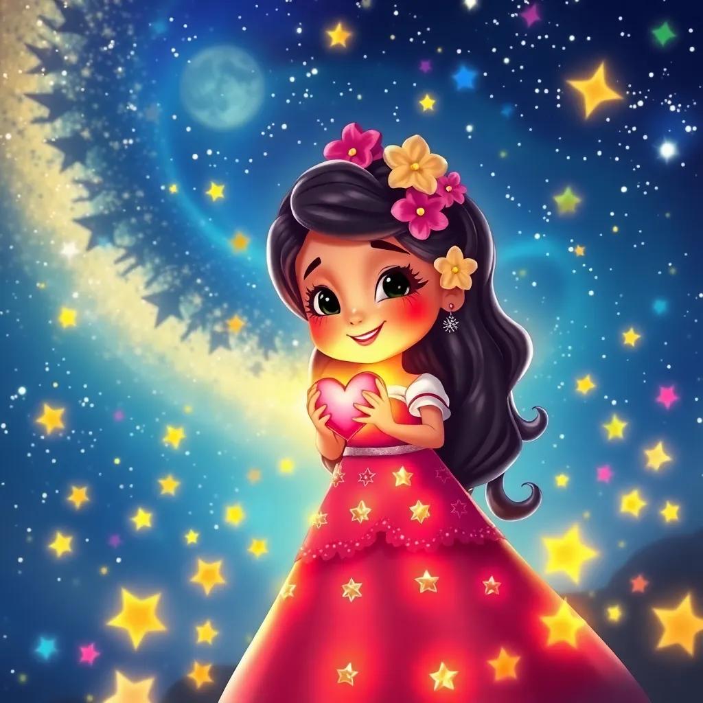 A beautiful starry night with Estrellita shining brightly, her heart full of love and joy, colorful stars twinkling around, enchanting and magical, digital art, high quality