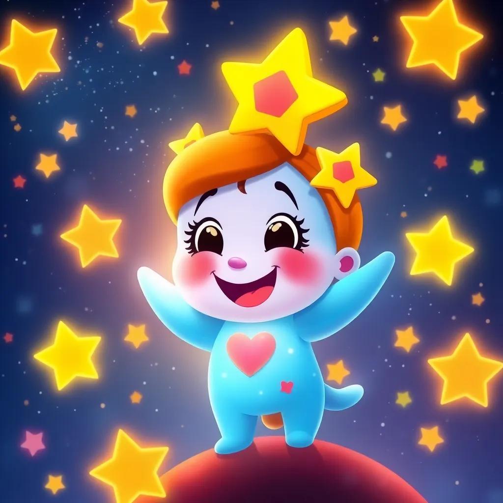 Estrellita smiling brightly with a heart full of friendship in the starry sky, surrounded by colorful stars, a warm and inviting atmosphere, joyful and cheerful, high quality