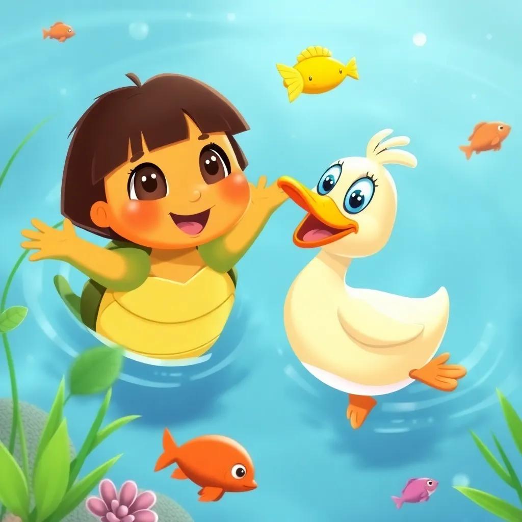 Dora the turtle, swimming happily with Pablo, the joyful duck, in the sparkling pond, surrounded by green plants and colorful fish, playful scene, bright colors, cheerful vibe, children's illustration