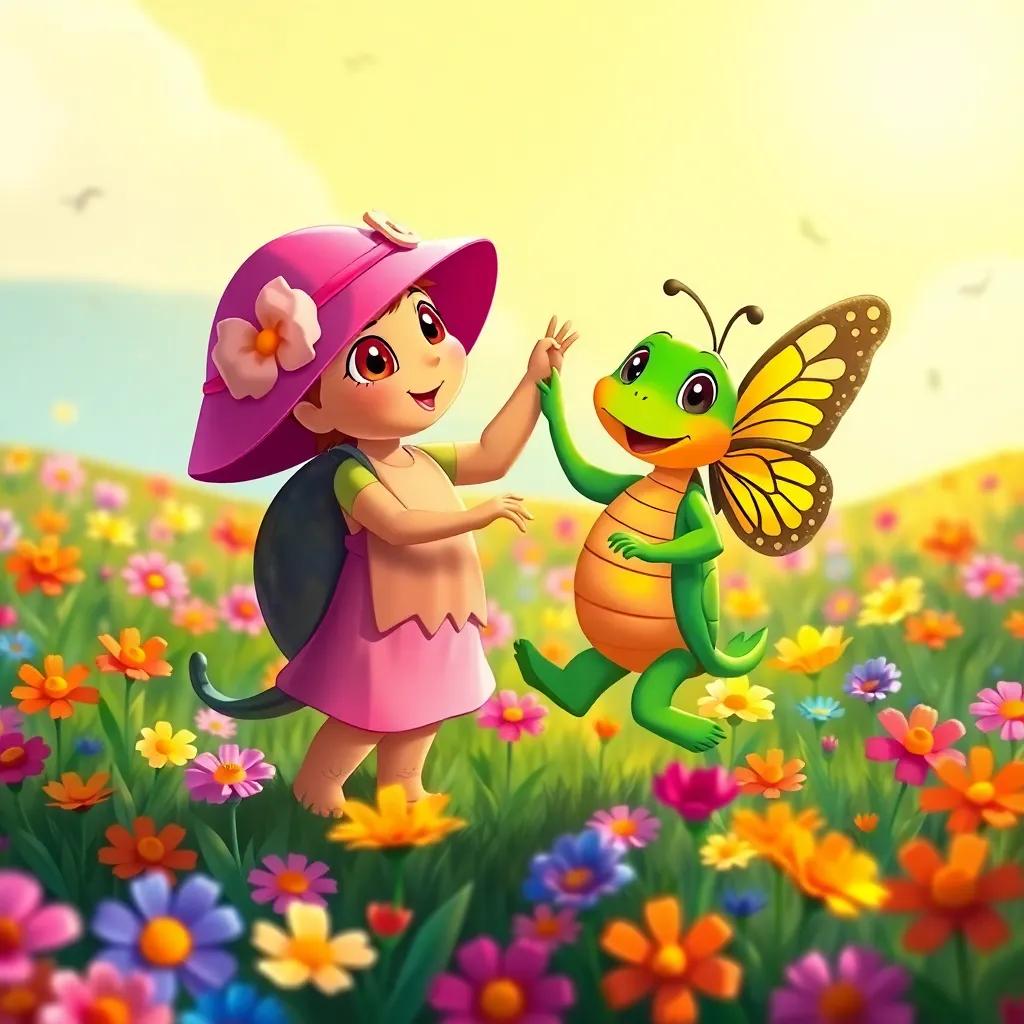 Dora the turtle dancing with Lía, the colorful butterfly, in a field full of brightly colored flowers, sun shining, joyful and vibrant, harmonious atmosphere, fantasy art, child-friendly