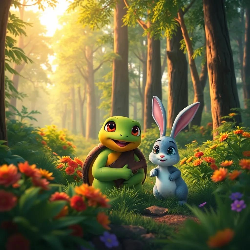 Dora the turtle playing hide and seek with Carlos, the rabbit, in a lush green forest, with tall trees and lively bushes, playful scene, warm colors, lively and dynamic perspective, digital painting