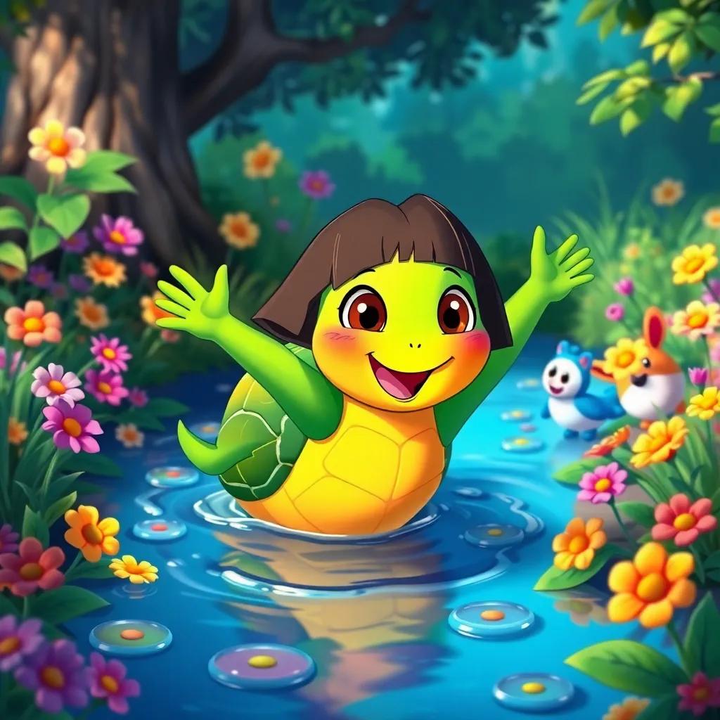 Dora the turtle returning home to her pond after her adventures, smiling and full of joy, surrounded by flowers and her friends waving goodbye, heartwarming scene, colorful and inviting, storytelling view, high detail