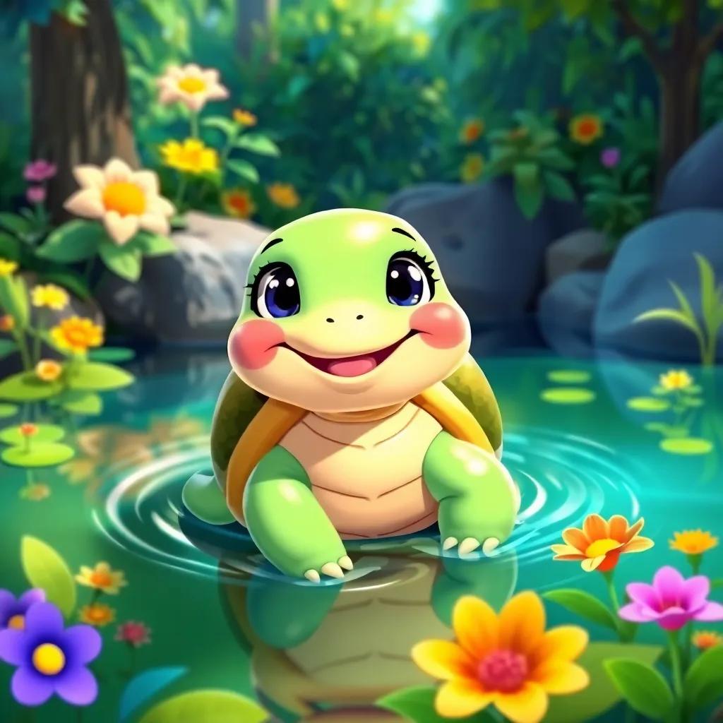 A turtle named Lía, with a shiny shell and a big smile, leaving a peaceful pond surrounded by lush greenery and colorful flowers, bright and cheerful illustration, digital art, vibrant colors, inviting atmosphere, whimsical style