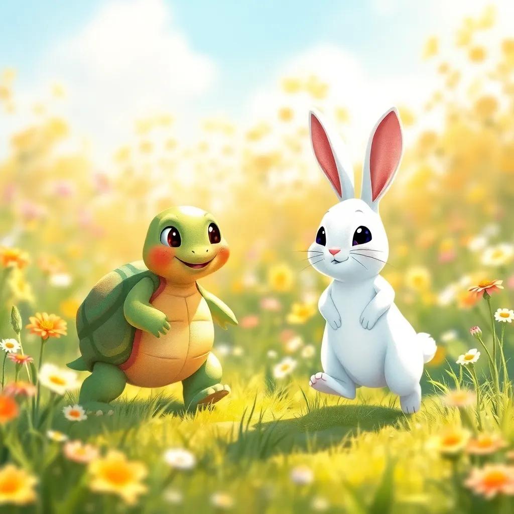 A happy turtle, Lía, walking slowly with a determined look, meeting a fast white rabbit named Rápido, in a sunny meadow filled with flowers, joyful and friendly vibe, watercolor style, warm light, colorful setting, charming angle