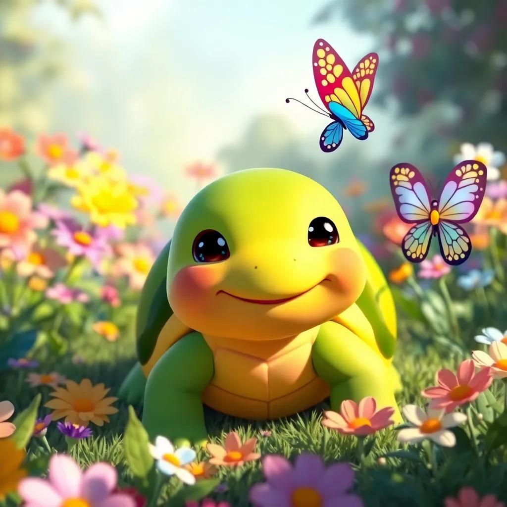 Lía the turtle, with a joyful expression, in a beautiful garden filled with colorful flowers and a colorful butterfly named Bella dancing around her, cheerful and dreamy, soft pastels, bright sunlight, enchanting atmosphere, lively composition