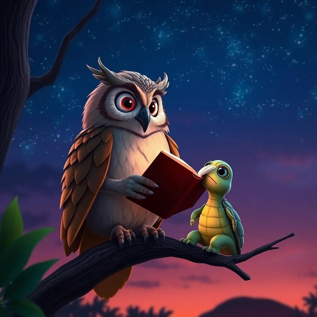An old wise owl named Don Sabio perched on a branch, telling stories to Lía the turtle, against a twilight sky filled with stars, magical and serene, rich colors, night light, storytelling atmosphere, focused perspective