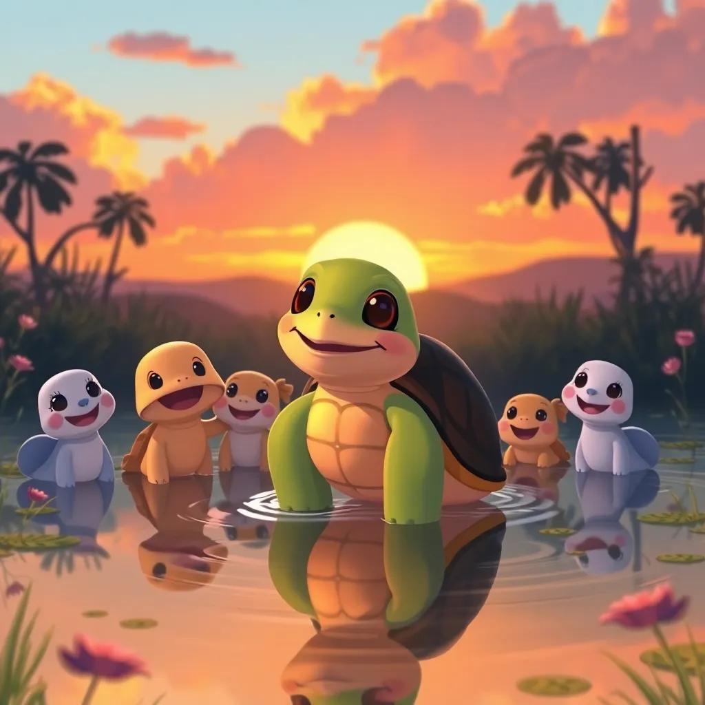 Lía the turtle returning to her peaceful pond, surrounded by her friends waiting for her, smiles and laughter, sunset background casting warm colors, heartwarming scene, friendly and inviting, high-quality illustration