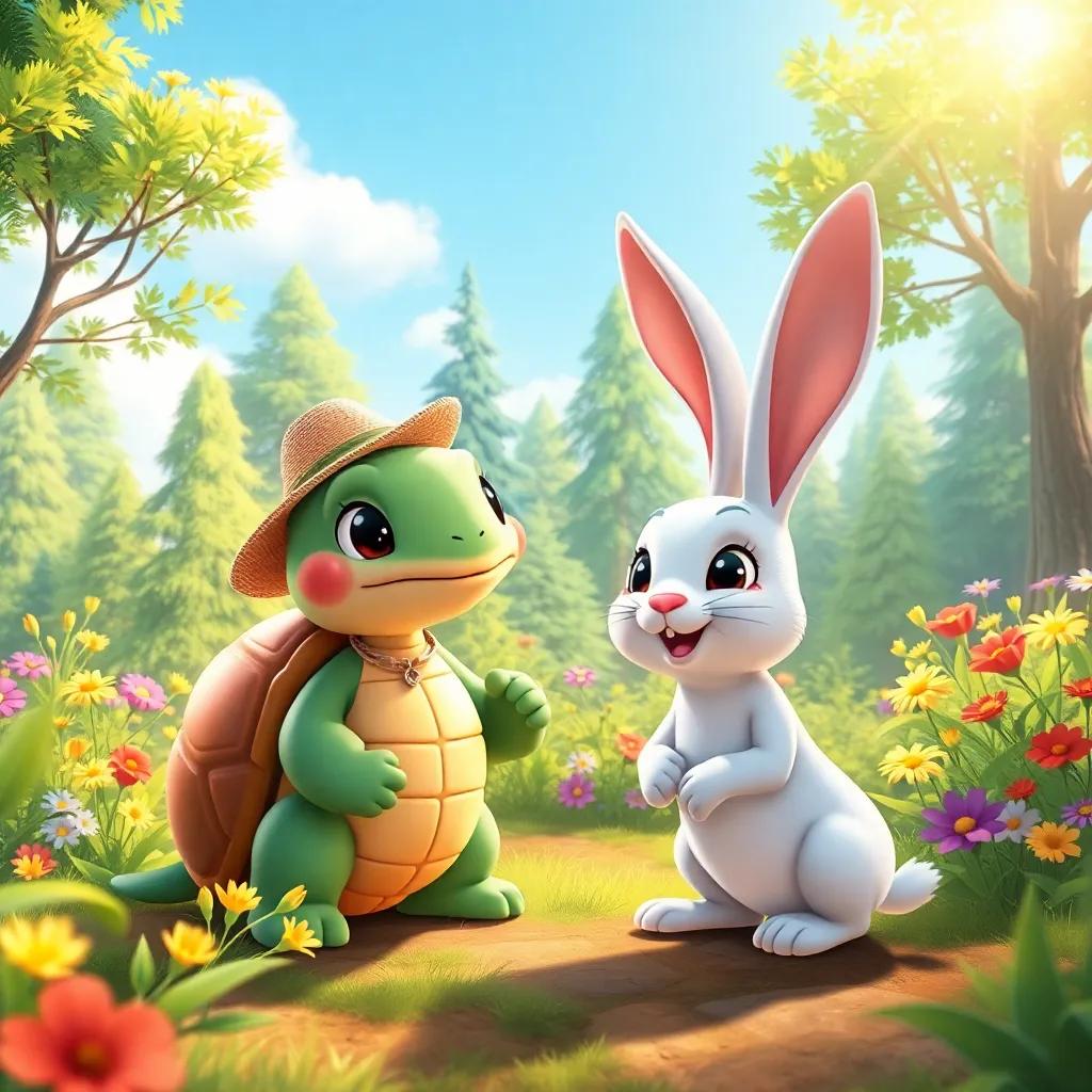 Despacito the turtle meeting a cheerful rabbit named Saltar in a sunny forest filled with green trees and colorful flowers, playful interaction, friendly vibes, detailed illustration, soft light, warm colors