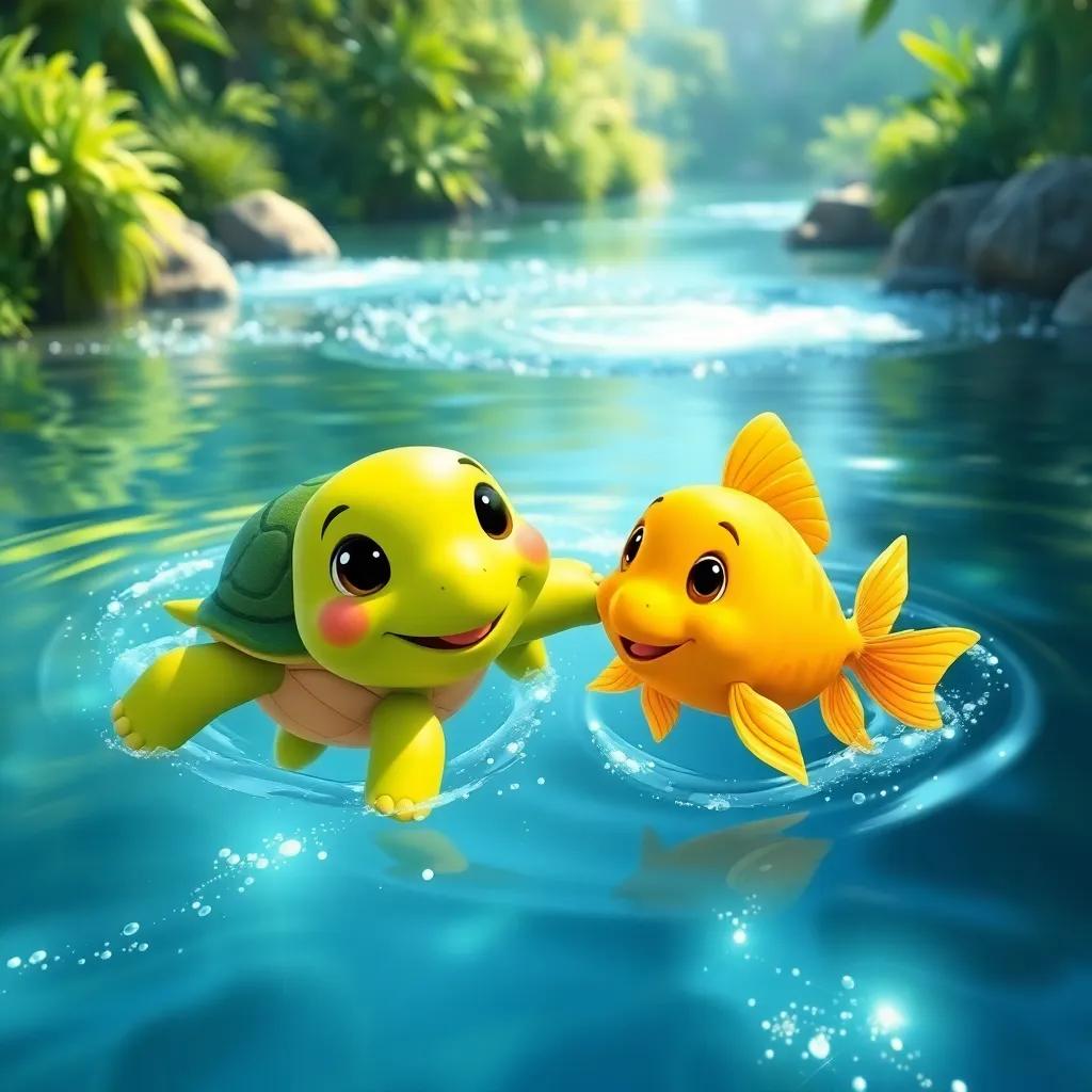 Despacito the turtle and Brillo the golden fish swimming together in a sparkling river, surrounded by lush greenery and gentle waves, joyful scene, bright and lively, high-quality visuals, cartoonish style