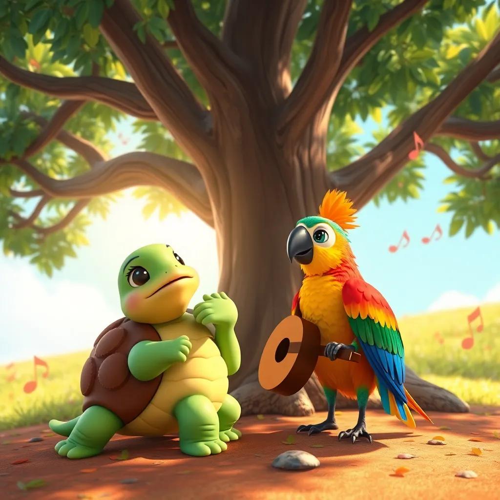 Despacito the turtle and Canta the colorful parrot under a large tree, creating music together with musical notes floating in the air, colorful feathers and sunny atmosphere, enchanting scene, vibrant colors, artistic touch