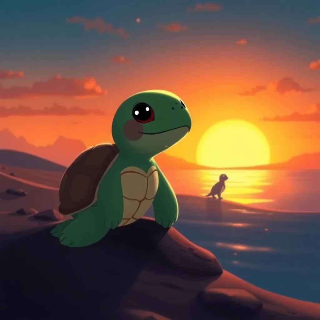 Despacito the turtle returning home, surrounded by a warm sunset, remembering her adventures with Saltar, Brillo, and Canta, nostalgic and peaceful moment, rich colors, heartfelt backdrop, beautiful illustration