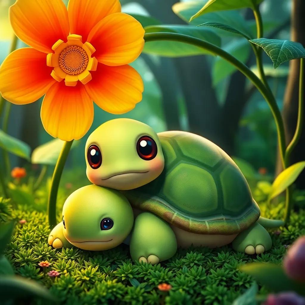 A lazy turtle named Lenta, with a soft green shell and big eyes, resting under a colorful flower in a lush green forest, capturing the essence of peace, digital art, bright colors, cheerful atmosphere, high quality