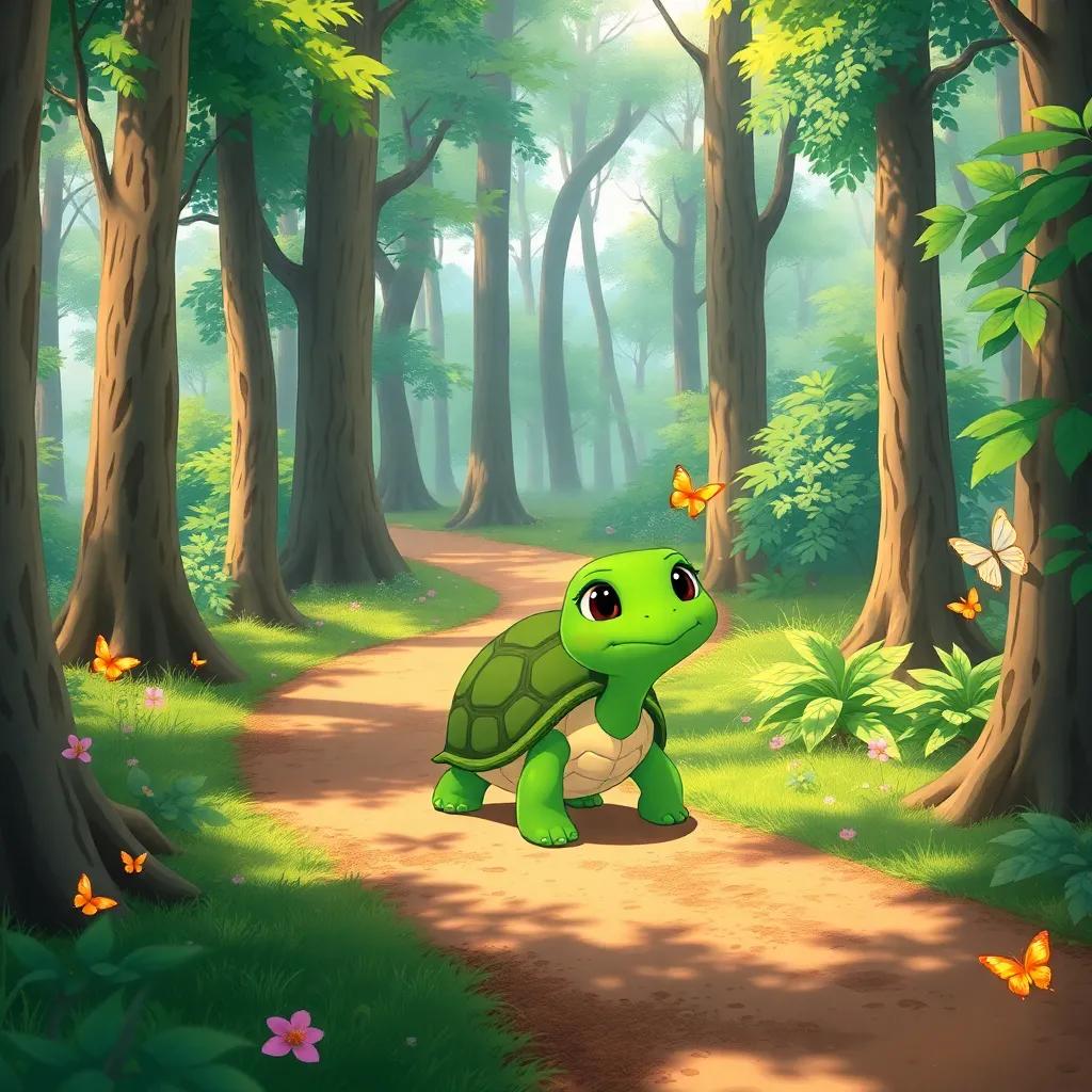 Lenta the turtle, slowly walking on a winding forest path, surrounded by tall trees and fluttering butterflies, cheerful digital illustration, lush greenery, sunny light, vibrant colors, friendly feel