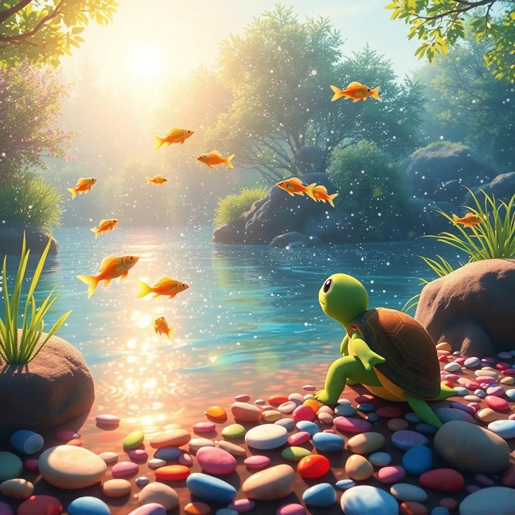 A beautiful river with sparkling water, where Lenta the turtle watches jumping fish, with reflections of the sun and colorful pebbles, illustration, serene vibes, captivating light, nature art