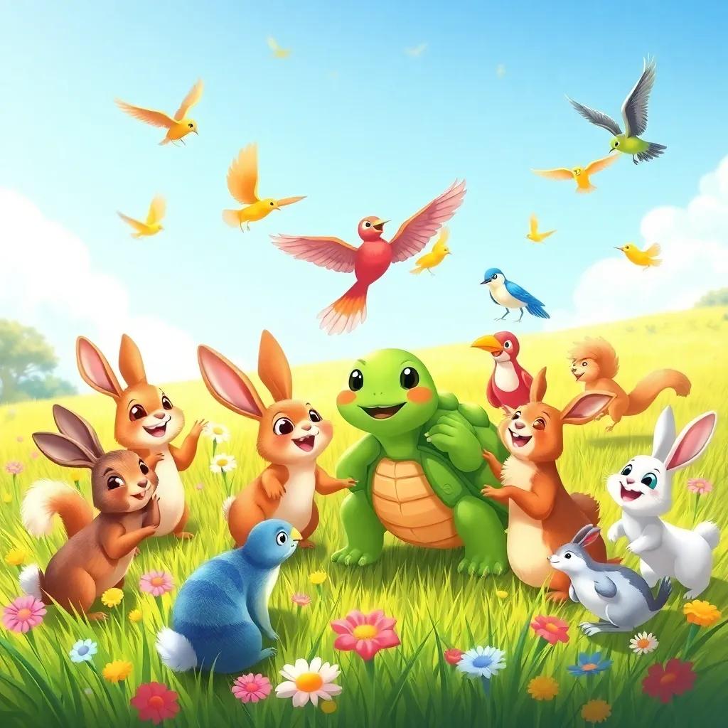 A group of joyful animals, including rabbits, squirrels, and birds, playing together in a sunny meadow with Lenta the turtle joining them, colorful illustration, playful vibe, bright light, happy colors