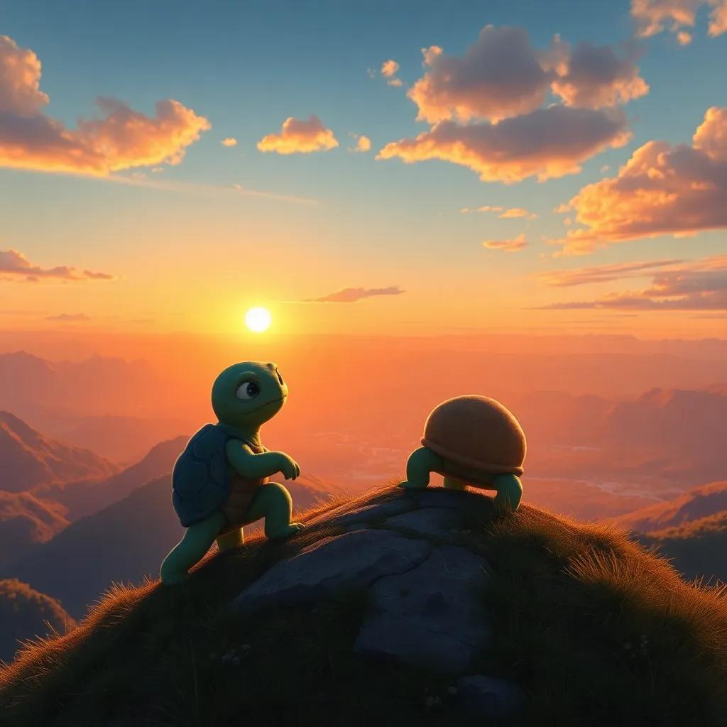 Lenta the turtle looking from the top of a small hill, admiring the vast landscape with mountains and a sunset, breathtaking panorama, beautiful digital painting, warm glow, peaceful view