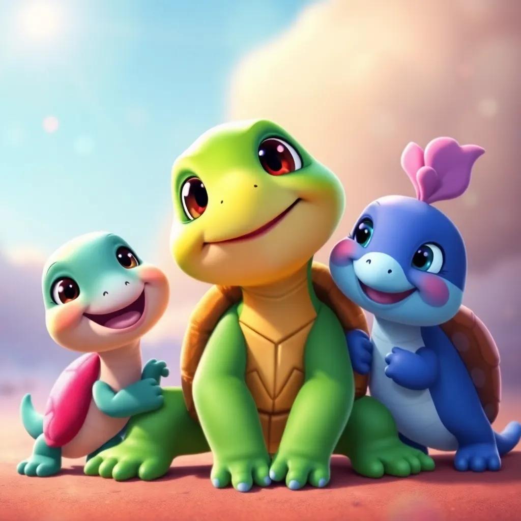 Lenta the turtle with her new friends, smiling happily, showcasing the joy of friendship and adventure, digital art, cheerful tones, heartwarming scene, high quality