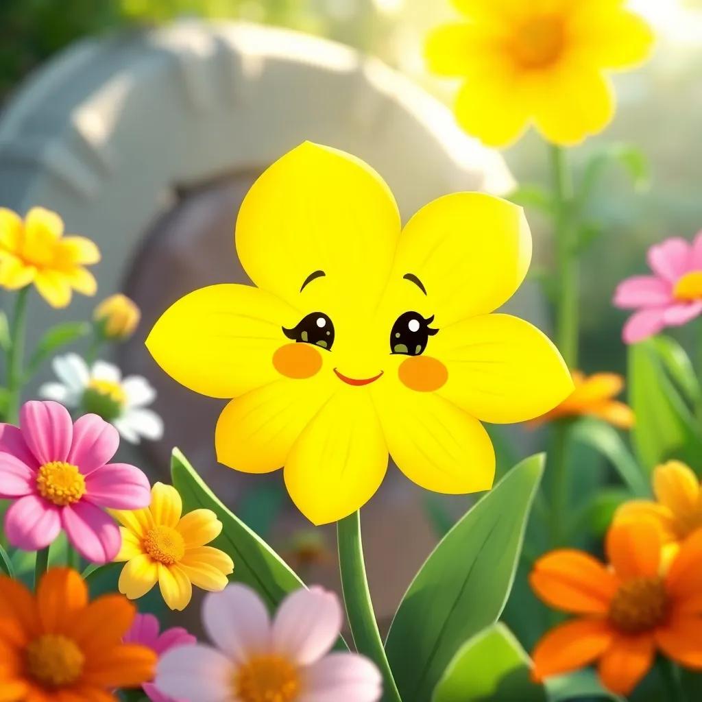 Una flor amarilla llamada Brillante, con pétalos brillantes y sonrisa alegre, rodeada de otras flores de colores, en un jardín soleado, infantil y alegre, ilustración, colorido, encantador