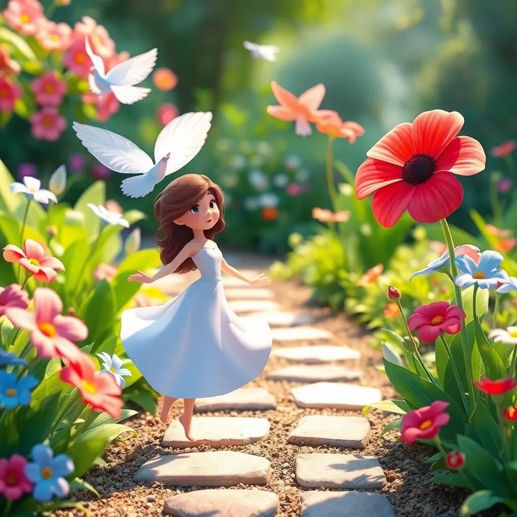 Flores cantoras viajando por el jardín, flores azules bailando con el viento, flores rojas girando, al fondo una melodía alegre, estilo infantil, animado, colorido