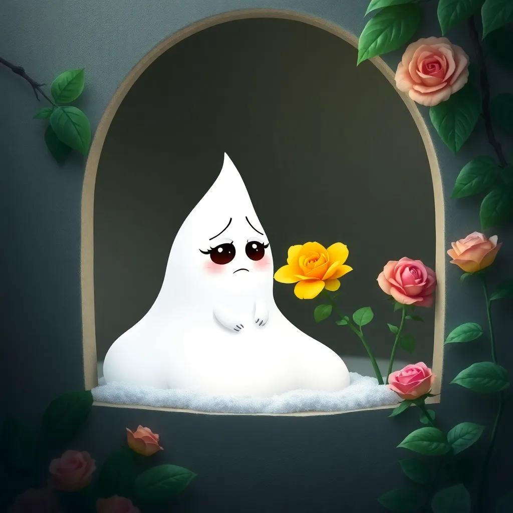 Una flor blanca suave llamada Nieve, con expresión triste en un rincón del jardín, flor amarilla acercándose a ella, detalle en el entorno, rosa y verde, atmósfera de apoyo, ilustración