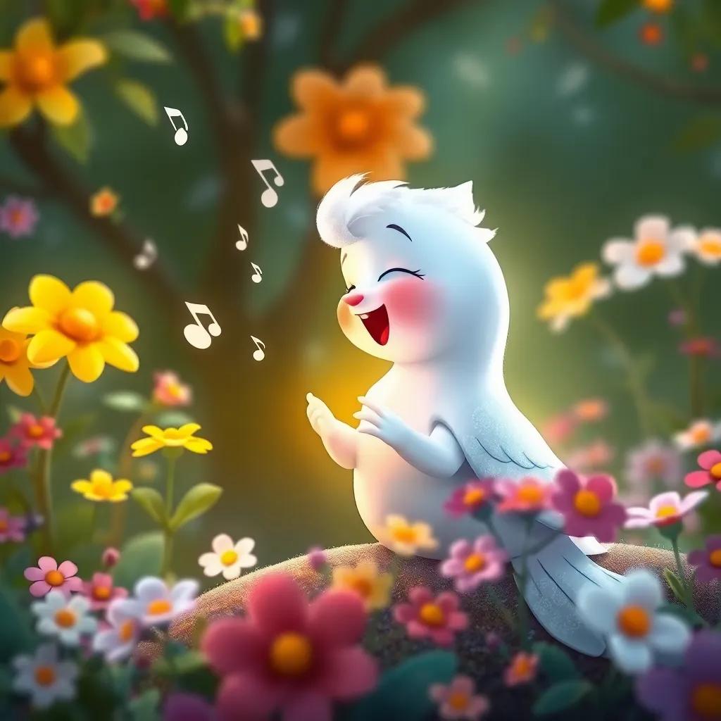 Nieve sonriendo y cantando suavemente con flores de colores a su alrededor, melodía mágica en el aire, jardín vibrante, mundo de fantasía, cálido y acogedor, ilustración infantil