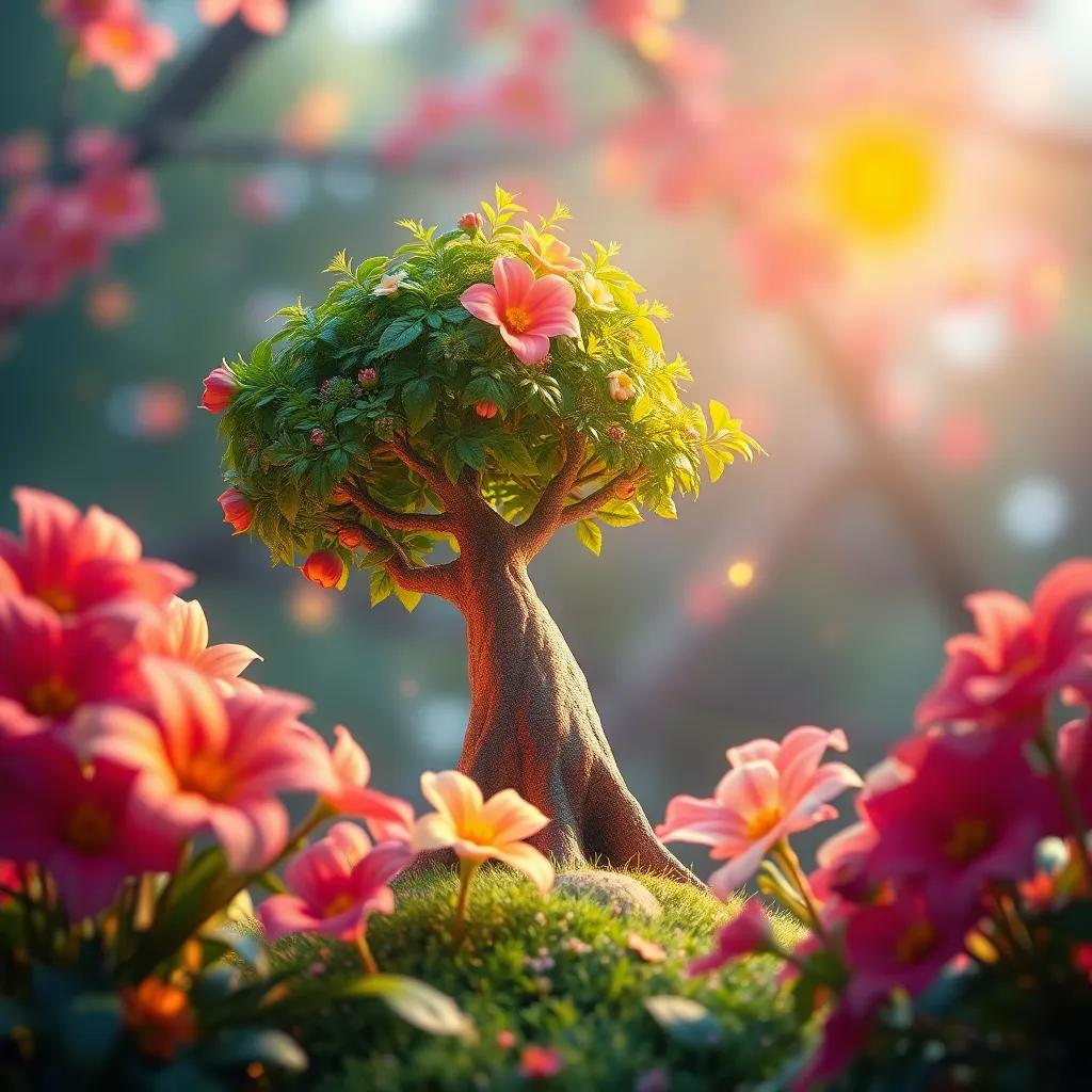 Un árbol pequeño llamado Roble, sonando fuerte junto a las flores, rodeado de melodías brillantes y coloridas, escena mágica, vibrante, alegre, arte digital