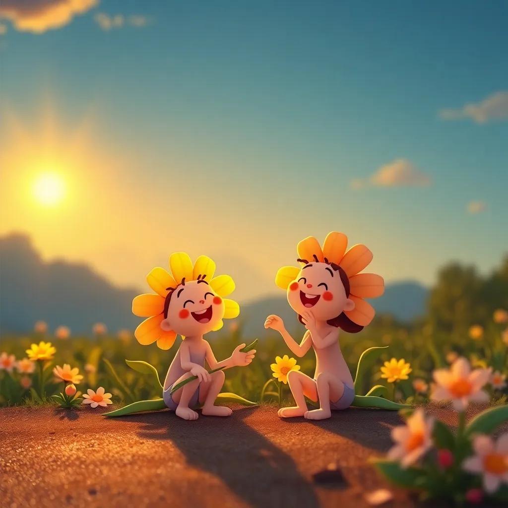 Flores cansadas pero felices al final del día, riendo y compartiendo, iluminadas por un atardecer dorado, cálido, amigable, estilo infantil