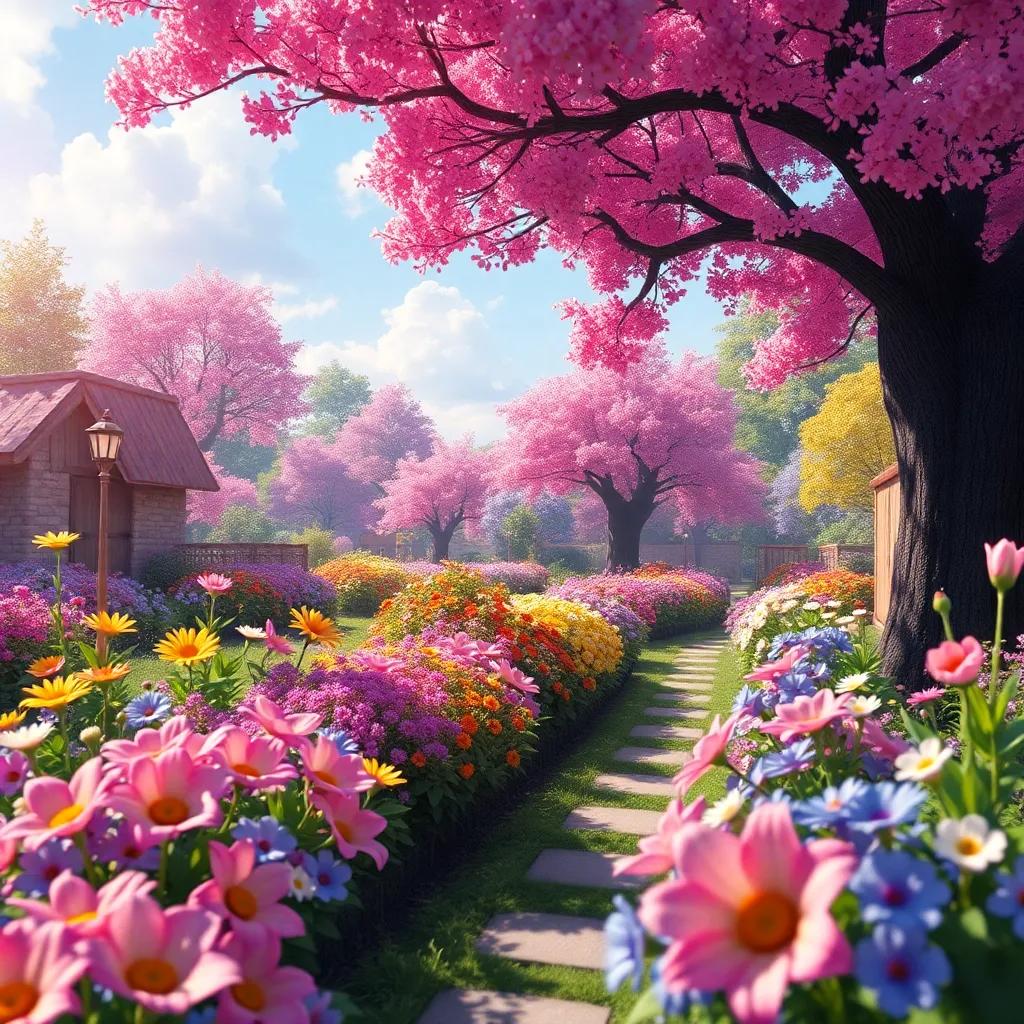 El jardín resuena con la música de las flores, flores y árboles cantando juntos, un paisaje mágico lleno de colores, atmósfera melodiosa, fuente de felicidad