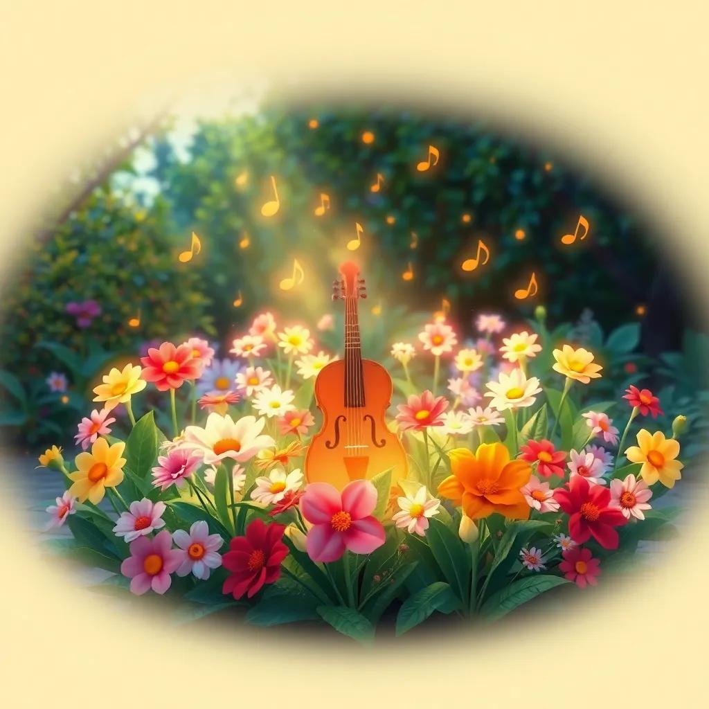 Un entorno lleno de música, flores cantantes alrededor, risa y alegría iluminando todo el jardín, arte digital, colorido, encantador