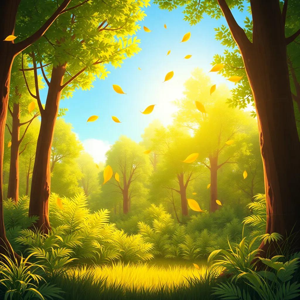 A playful wind blowing through a green forest, lifting leaves into the air, with sunlight filtering through tall trees, cheerful atmosphere, vibrant colors, animated and lively scene