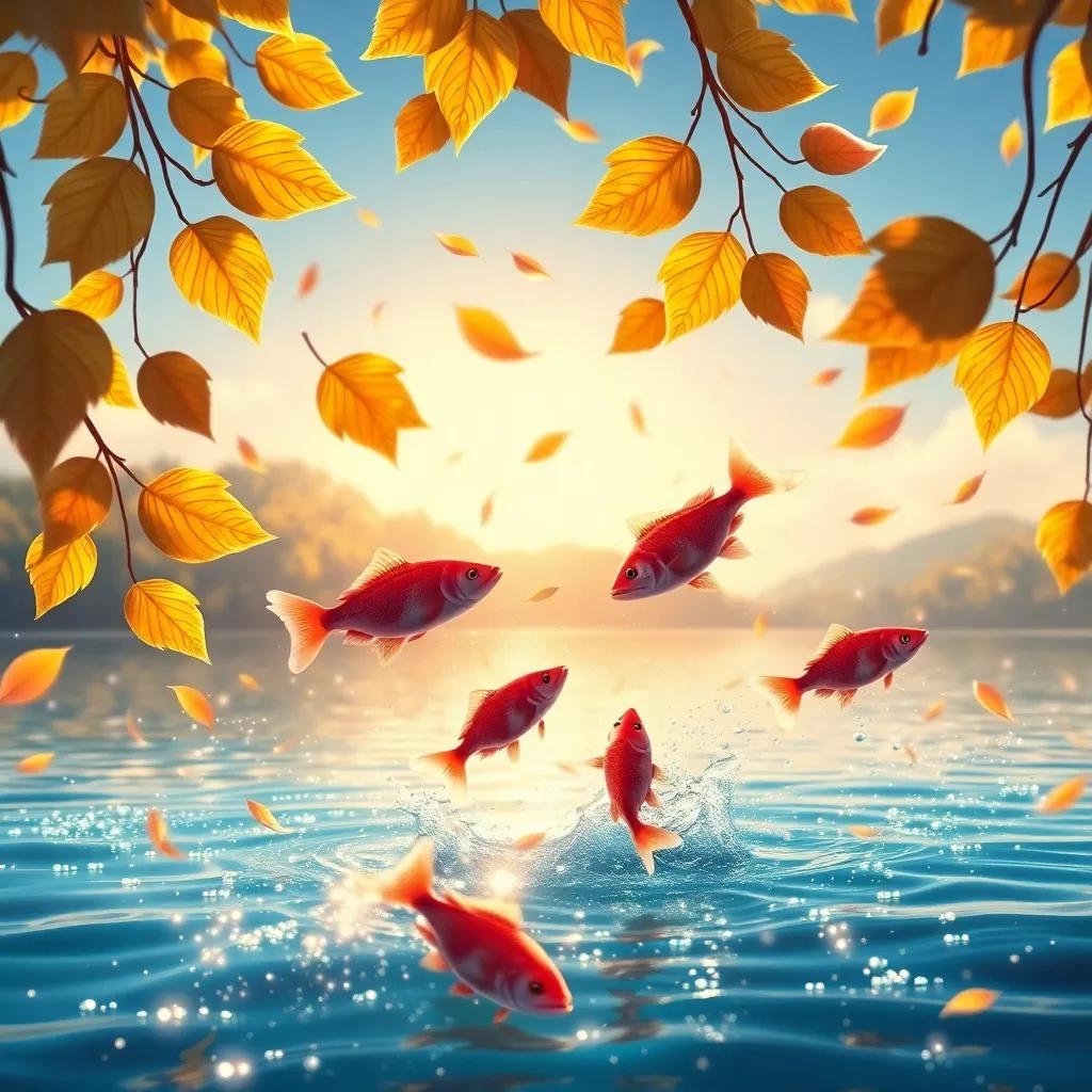 Leaves dancing above a sparkling lake, with fish jumping out of the water happily, colors reflecting on the water surface, exciting and joyful moment, detailed and colorful