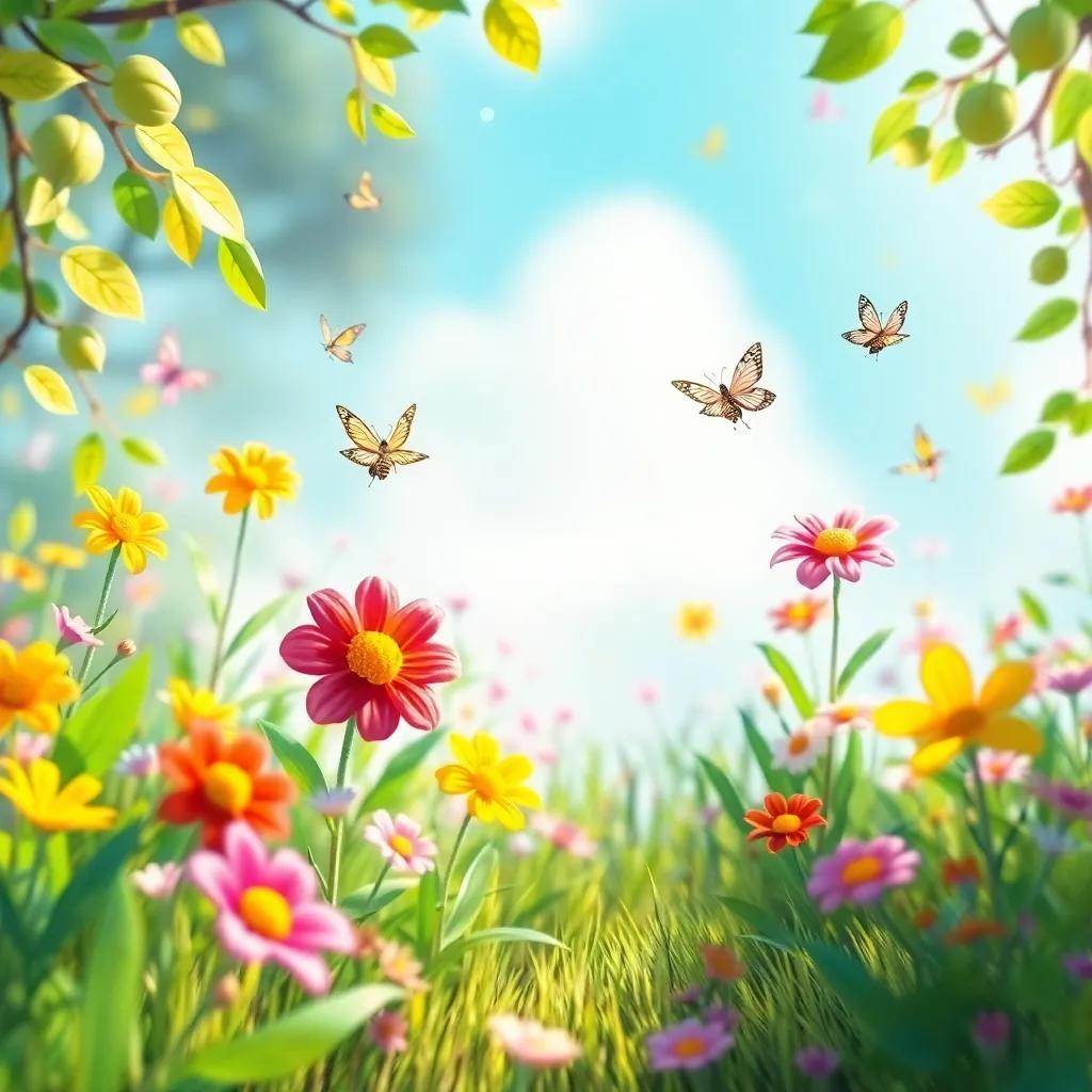 Colorful flowers in a sunny clearing, leaves twirling around, butterflies fluttering joyfully, magical and bright environment, charming and whimsical scene