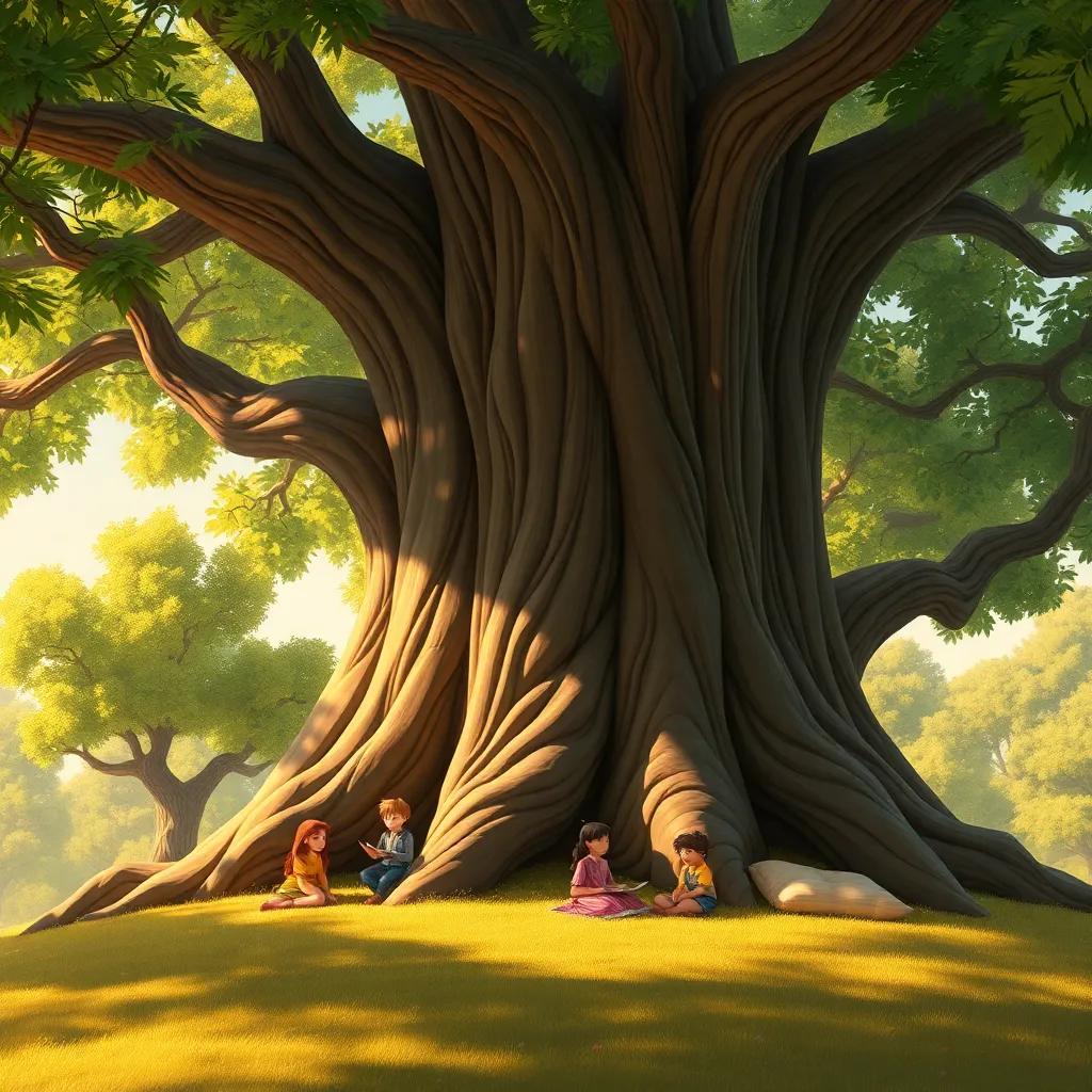 A giant wise tree with a thick trunk, leaves resting happily under its shade, listening to stories, warm golden light, serene and peaceful atmosphere