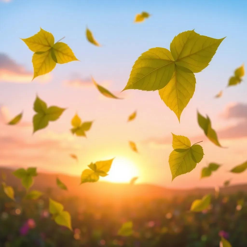 Leaves flying back home, waving goodbye to friends, with a beautiful sunset in the background, nostalgic and heartwarming scene, soft colors and gentle light