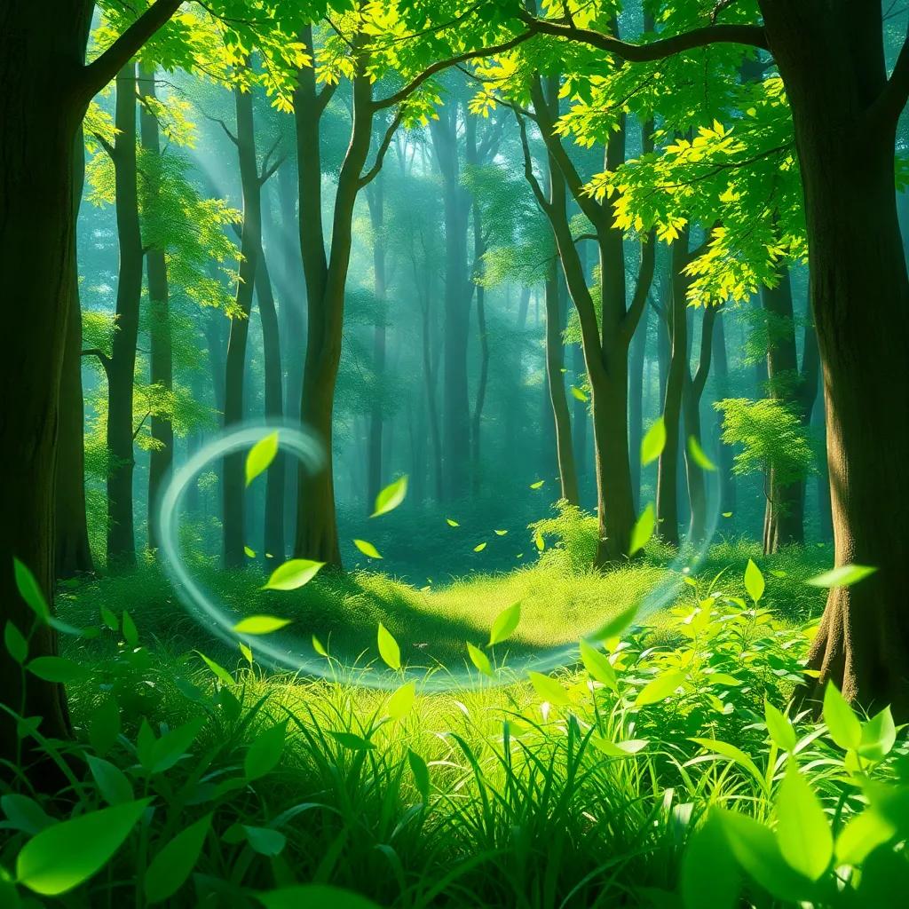 A playful wind swirling through a verdant forest, guiding vibrant green leaves dancing joyfully among the trees, digital art, bright colors, lively atmosphere, high quality