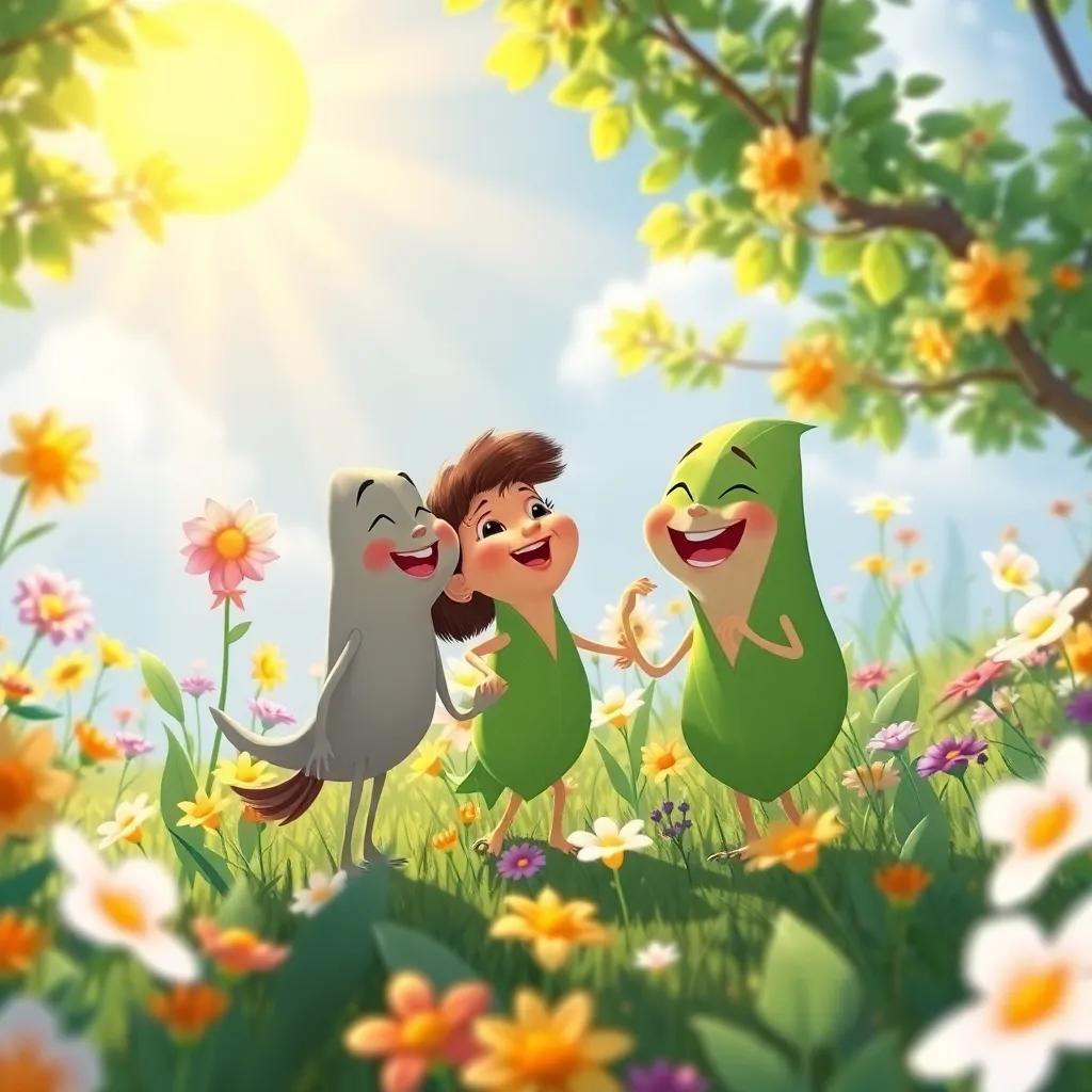 A sunny glade filled with colorful flowers, where a group of leaves, including Lía, play and laugh together under the sunlight, illustration, cheerful, adventure-themed, child-friendly
