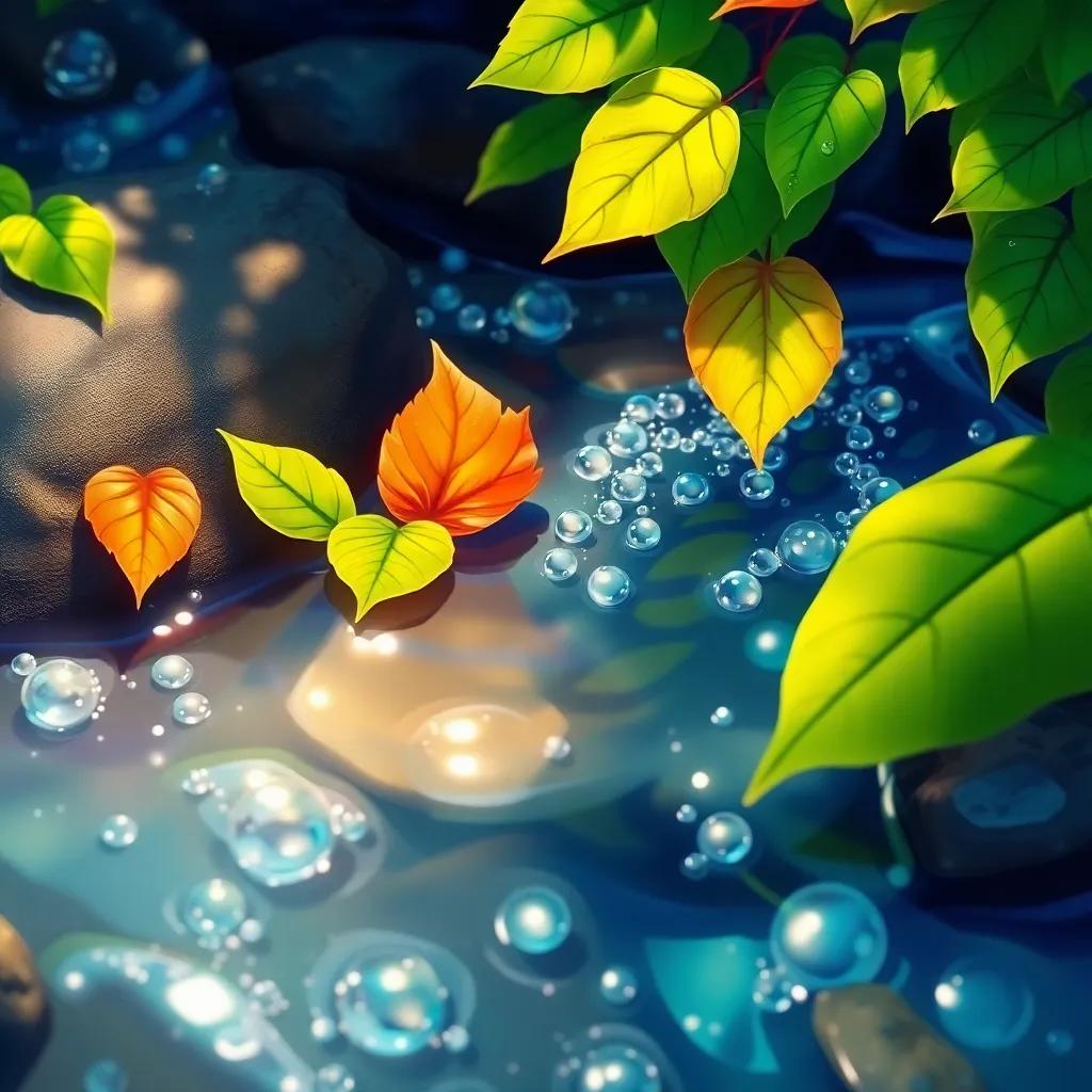 A sparkling stream with bubbling water, where leaves peek into their reflections, laughing and sharing joyful moments, rich colors, refreshing atmosphere, digital painting, engaging