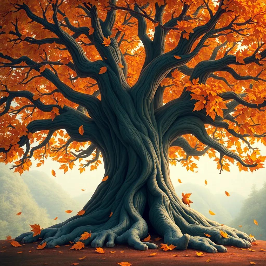 An ancient wisdom-filled tree, with leaves gathered around it, sharing stories of friendship and fun, warm colors, friendly ambiance, storytelling view, high quality
